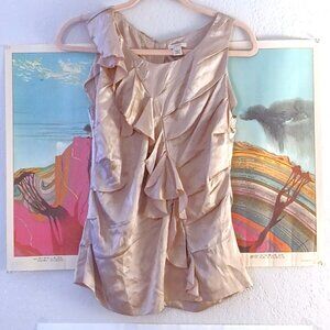 J Crew 100% Silk Champagne Ruffle Professional Y2K Zip Up Back Tank Size 4